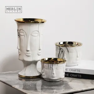 Merlin vaso de flores de luxo, vaso de flores de cerâmica banhado a ouro, para decoração da casa, vaso de cerâmica