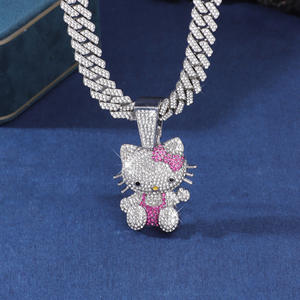 European American Trendy Cool Cute Cat Anhänger Halskette mit Full Diamond Modische kubanische Kette & Hello Kitty Hip-Hop-Stil - Product Image 3