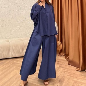 เสื้อเชิ้ตแขนยาวคอปกเล็กสำหรับผู้หญิงฤดูใบไม้ร่วง/ฤดูหนาวและกางเกงขากว้างทรงหลวมชุดแฟชั่น 2 ชิ้น - Product Image 6