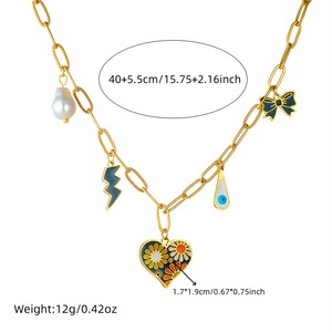 Stainless Steel Heart Daisy Lightning Bow Pendant Chain Necklace With Charms For Fashion Jewelry - Product Image 4