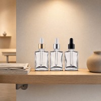 Flacon compte-gouttes vide pour huile à barbe, flacon carré en verre transparent avec bouchon noir, emballage cosmétique