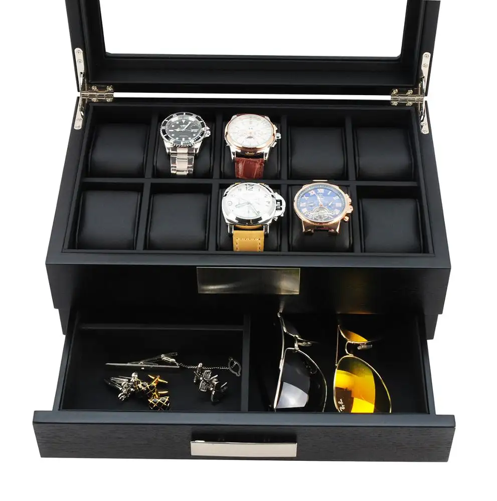 Mens Valet Desktop Black Wood 10 Watches Accessories Tools Box Watch Box Wood with Drawer