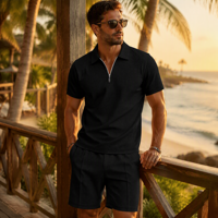 Ensemble polo pour homme en tricot gaufré texturé, directement de l'usine, avec polo à manches courtes et short, logo personnalisé, ensemble 2 pièces, tenues d'été pour homme