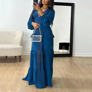 RNSHANGER Chic da donna Casual abito <span class=keywords><strong>Midi</strong></span> a manica lunga con volant Vintage abiti da festa di compleanno tinta unita da donna abito tinta unita - Product Image 6