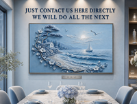 Blaues Küstenhaus Segelboot Welle 3D Geschnitzte Textur Wandkunst Silberrahmen Strandresort Hotel Lobby Akzentwand Kundenspezifische Großbestellung OEM