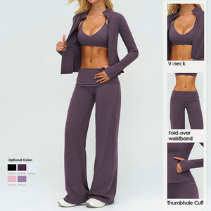 Set da 3 Pezzi per <span class=keywords><strong>Fitness</strong></span>: Reggiseno Sportivo con Collo all'Americana, Giacca Sportiva con Zip Intera, Leggings Yoga a Zampa d'Elefante ad Alta Elasticità - Product Image 2