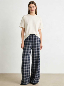 Pantalon décontracté à taille haute à carreaux, coupe ample style américain, infroissable et confortable à porter - Product Image 3