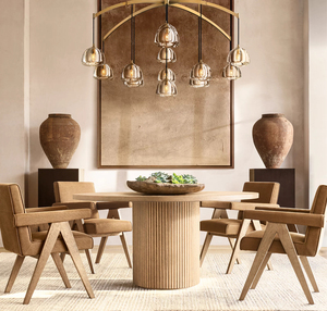 Table à manger moderne en chêne massif avec base cylindrique à rainures, mobilier géométrique postmoderne pour projets de luxe - Product Image 1
