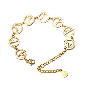 Pulsera de oro de 18 quilates con signo de la paz para mujer, brazalete de oro de 18k chapado a la moda