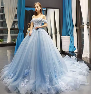 NDB10075 <span class=keywords><strong>Abito</strong></span> da Principessa <span class=keywords><strong>Blu</strong></span> Fiabesco con Gonna Tutu, Spalle Scoperte, Stile Elegante con Strascico per Matrimoni, Cene e Quinceañeras - Product Image 2