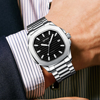 Montre mécanique automatique en acier inoxydable avec logo personnalisé, boîtier carré en alliage, fermoir papillon, verre minéral, luminescent, résistant à l'eau 30M