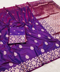 Sari Moderno de Seda Banarasi con Trabajo de Tejido, Blusa Sin Coser, para Fiestas, Todas las Temporadas, Precio al por Mayor, Prenda Étnica, Morado - Product Image 1