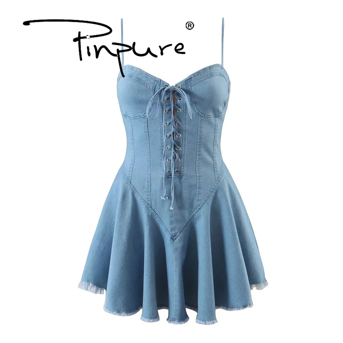 R30856S Women's summer new style European fashion solid color washed denim lace-up straps strapless backless dress party dresses