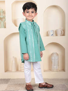 Petit garçon en kurta vert sarcelle avec gilet rayé et pyjama blanc, tenue ethnique festive vue de dos, mode enfant stylée - Product Image 3