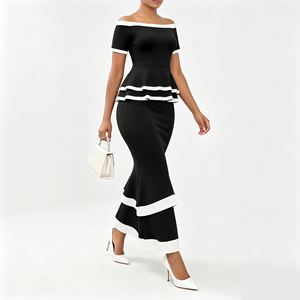 <span class=keywords><strong>Ensemble</strong></span> 2 pièces de soirée pour <span class=keywords><strong>femme</strong></span> : Haut peplum épaules dénudées et jupe sirène, color block, manches courtes, ourlet à volants étagés - Product Image 4