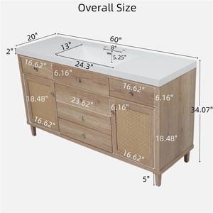 Mueble de Baño de 60 Pulgadas con Lavabo SMC, Moderno Gabinete de Almacenamiento Grande con Cajones de Cierre Suave y Puertas de Ratán - Product Image 6