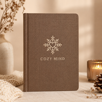 Carnet de bien-être hivernal LABON personnalisé avec couverture en lin brodée, plan d'autosoins, suivi de l'humeur, papeterie marron