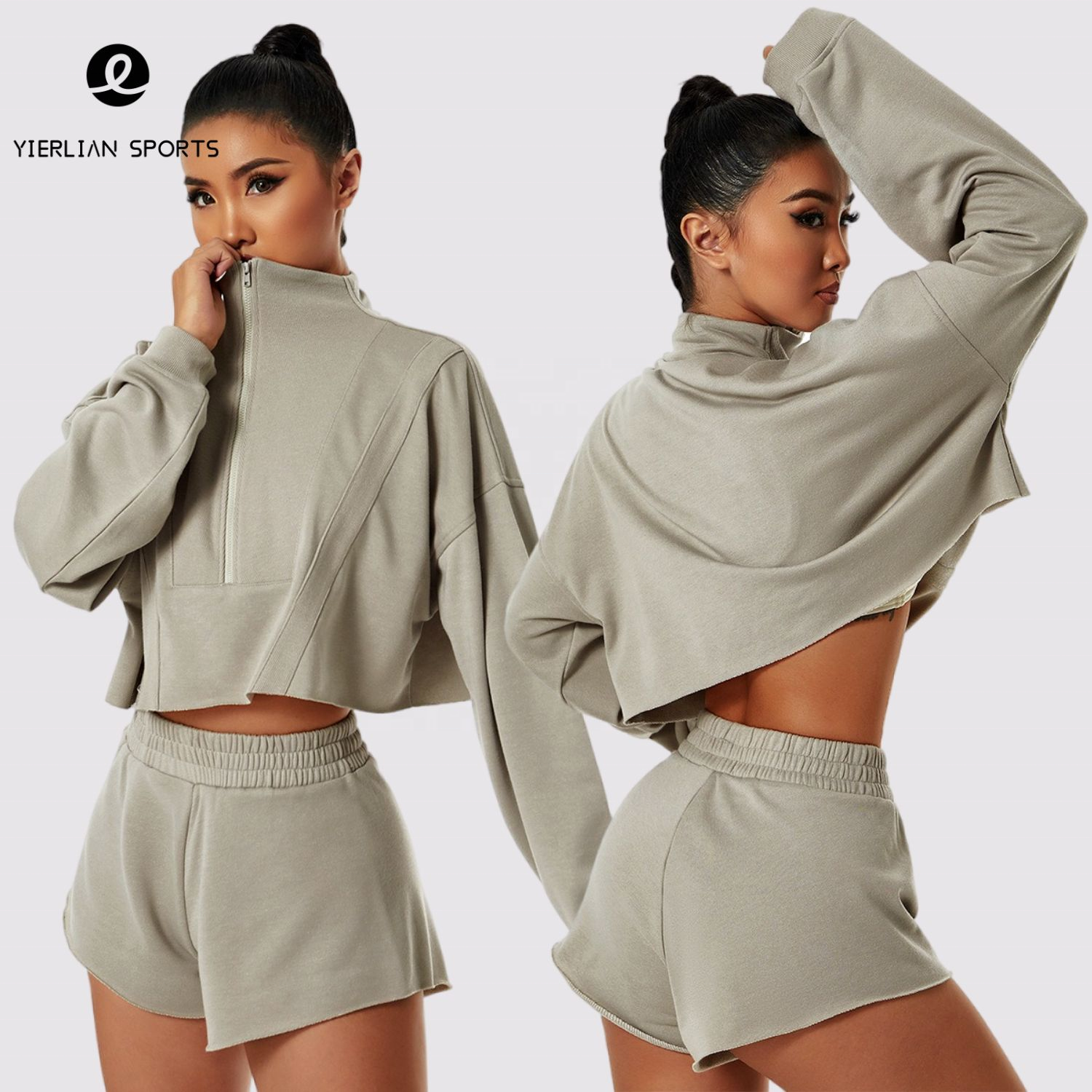 Woman Long Sleeves Sports Stand Collar Gym Casual Outdoor Yoga Wear Women's Sport Half Zip Crop Top Hoodie Loose Fall Woman