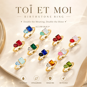 แหวนพลอยประจำเดือนเกิด Toi Et Moi |   แหวนสแตนเลสสตีลชุบทอง 18K PVD ประดับเพชรซิร์คอนสองเม็ด ปรับขนาดได้ |   กันน้ำ ไม่หมองคล้ำ - Product Image 1