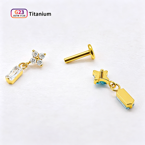 ASTM F136 Titanium CZ Flower Dangle Labret Stud Baguette Cut Crystal Pendant Flat Back <strong>Earrings</strong> Cartilage Helix Piercing Jewelry - Product Image 2