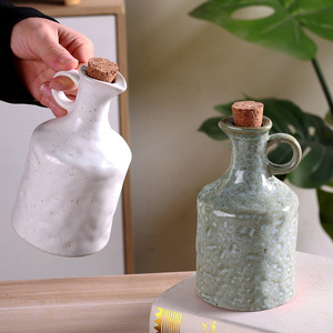 Handmade Ceramic Olive Oil Dispenser Bottle Cork Stopper Handle Cruet Vintage Speckled Glaze Vinegar Sauce Bottle 400ml - Product Image 1