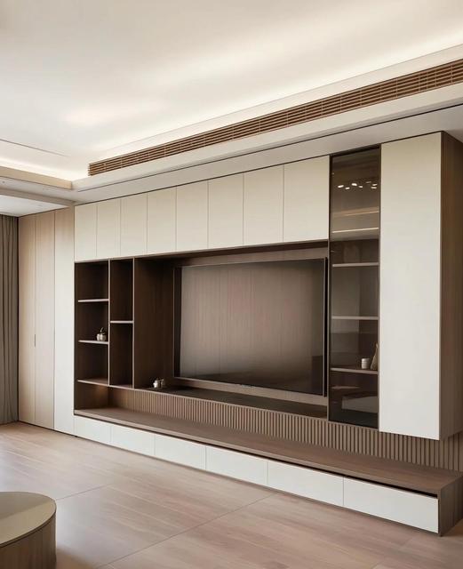Balom Custom Walnut Wood Color Living Room TV Wall Unit Cabinet With Fluted Panels & Display Shelves TV Stand TV Cabinet