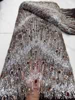Dentelle en maille de luxe K/C avec plumes de paon et strass, tulle entièrement pailleté pour robe de mariée de Dubaï ou de banquet