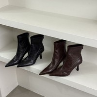 Bottines à talons aiguilles à bout pointu de style français pour femmes, automne-hiver, cuir marron, fermeture éclair, talons hauts, coupe ajustée