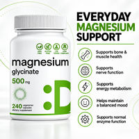 Capsules végétariennes de glycinate de magnésium OEM 500 mg, 240 unités, testées en laboratoire CGMP, complément nutritionnel minéral, marque privée