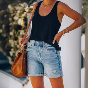Shorts en jean taille haute pour femme, délavé à l'acide, coupe décontractée, ourlet retroussé, effet usé et effiloché, pour l'été - Product Image 4