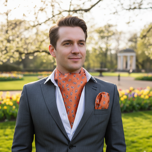 Ensemble de pochettes de costume pour homme en satin 100% soie, motif Paisley orange, tissé, style formel, pour la saison printanière, avec motif Ascot imprimé - Product Image 3
