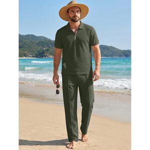 FOXA Mens <b>Waffle</b> Polo <b>Shirt</b> And Pants Set Breathable Casual Loungewear Summer Outfit For Men - Product Image 3