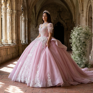 ชุดเดรสงาน Quinceanera รุ่น Jxs13 Royal Plus Size สีชมพู ประดับคริสตัล คอรูปหัวใจ แต่งลูกไม้ระบาย ชายกระโปรงยาวลากพื้น - Product Image 1