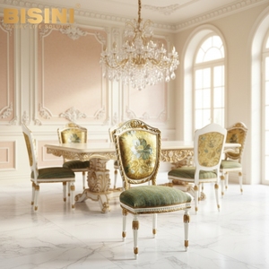 Chaise de salle à manger rembourrée inspirée de la princesse parisienne, chaise sans accoudoirs en bois sculpté blanc doré, chaise d'appoint en velours vert floral - Product Image 1
