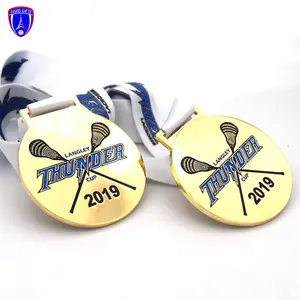Custom Logo Gold Plating Soft Enamel Cheap Glossy Face Lacrosse Medal with Ribbon