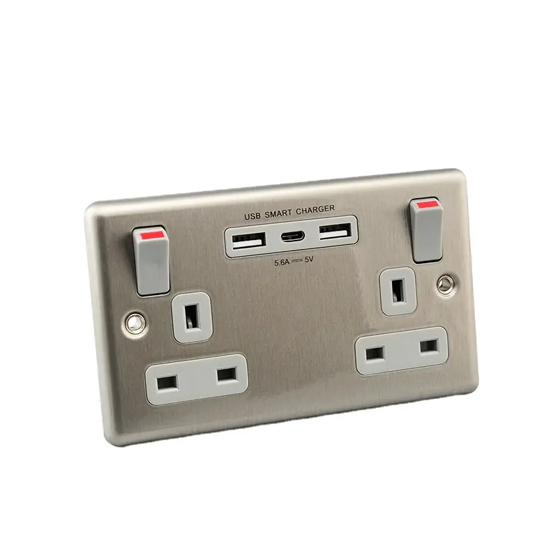 CE Approved 2 GANG UK Style Wall Socket Outlet 3.6A Type C Faster Gray Stainless Steel Twin Socket 13A Double Switch Wall Socket