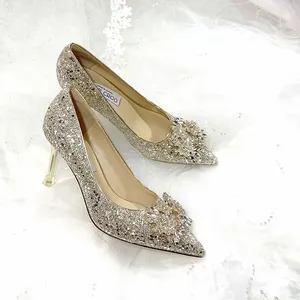 Zapatos de tacón alto con diamantes de imitación brillantes para mujer, calzado de lujo con cristales dorados, para boda y novia