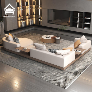 أريكة إيطالية فاخرة قابلة للغسل على شكل حرف L، أريكة مودولار من الجلد الأبيض والقماش لغرفة المعيشة - Product Image 4