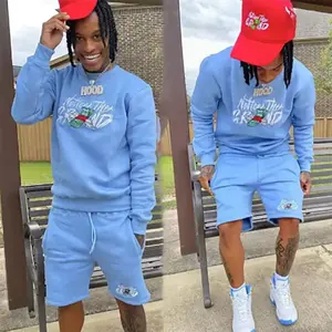 Custom Embroidery Sportswear Jogger Mens Crewneck Sweatshirts And Sweat Shorts Set Cotton 2 Piece Sweatshirt Shorts Set For Men