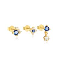 Boucles d'oreilles en or 18 carats, exquises, petites, avec zircon bleu fantaisie, design étoile, ensemble de trois pièces, boucles d'oreilles en zircon