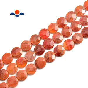 Top Quality 10mm 12mm Burnt Orange Fire Agate Faceted Coin Gemstone Loose Beads For Jewelry Making