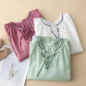 Women's Cotton Linen Embroidered V-<b>Neck</b> <b>Tie</b> Sleeve T-Shirt Loose Summer Top Breathable - Product Image 1