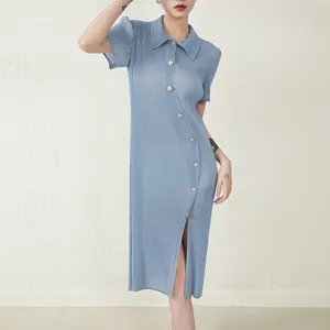 Miyake – robe plissée mi-longue à revers pour femme, en Stock, livraison rapide, été 2023