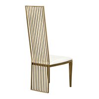 Chaise d'événement contemporaine en acier inoxydable, dossier plein, durable, au design moderne et pieds sabre, pour usage commercial et hôtelier