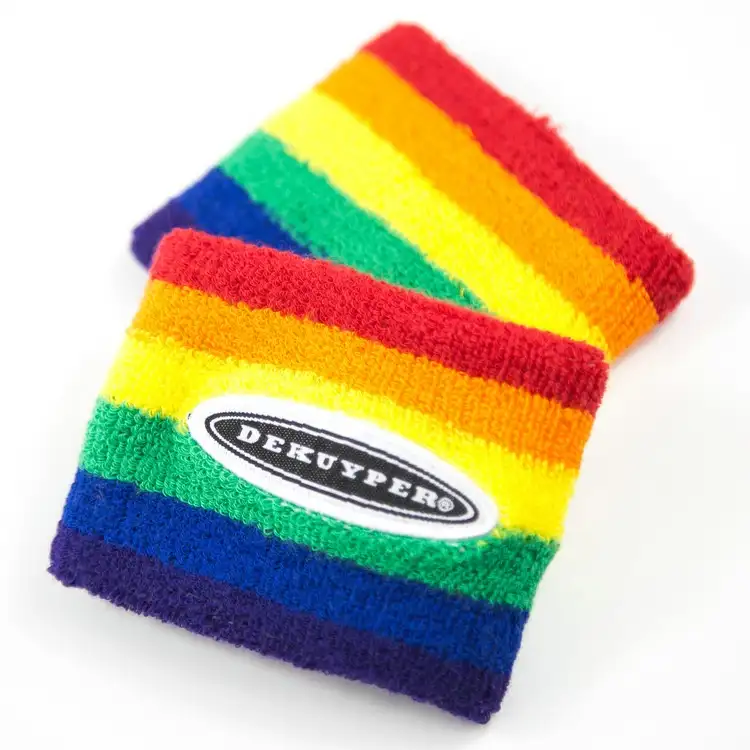 Sampel Gratis Gelang Tangan Katun Kebanggaan Gay Pelangi Logo Bordir Kustom, Bandana Katun Terry untuk Permainan Olahraga