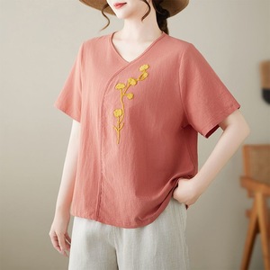 Cotton Linen Short Sleeve T-Shirt With Embroidery Loose Fit Women's Summer Top Yellow Orange Red White Purple Pink - Product Image 3