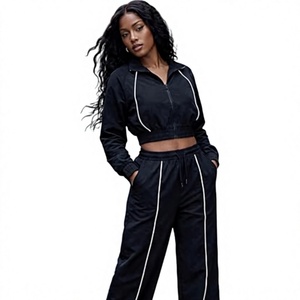 Womens Black 2 Piece Sporty Tracksuit <b>Set</b> Full Sleeve Stand Collar <b>Knitted</b> Polyester Loose Fit All Seasons Wear - Product Image 2