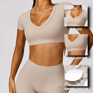 Chất Lượng Cao Tùy Chỉnh Nhãn Yoga Top Ngắn Tay Áo Crop Top Yoga Được Xây Dựng Trong Áo Ngực T-Shirt Phụ Nữ Phòng Tập Thể Dục Mặc Căng Thở Yoga Hàng Đầu - Product Image 3