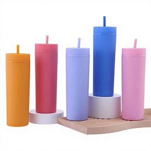 Venta al por mayor de vasos de plástico acrílico delgados de doble pared con pintura de goma, rectos, de 16 oz, con pajita, personalizados y de gran demanda. - Product Image 1