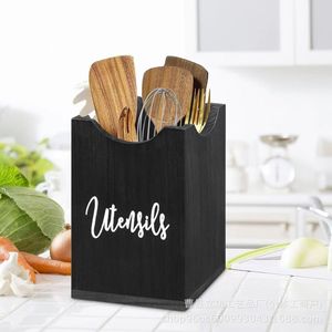 Caja de Almacenamiento de Escritorio de Madera Maciza, Negra, Rectangular, Organizador de Utensilios de Cocina, Tipo Vertical, Multifuncional - Product Image 5
